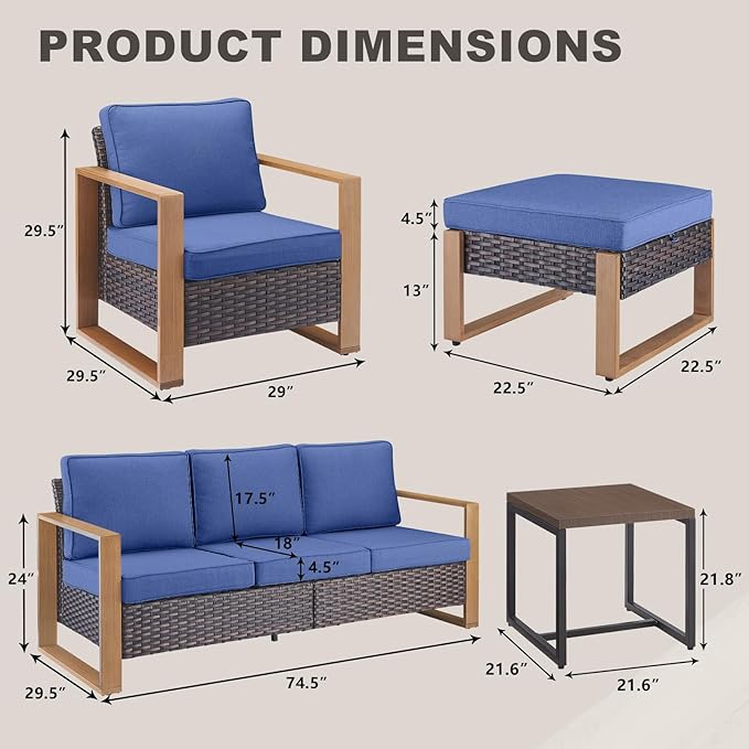 Rilyson Outdoor Wicker Patio Furniture Set - 6 Piece Patio Conversation Set with 2 Wicker Armrest Chairs,2 Rattan Ottoman,1 Side Table and 1 Couch,Sturdy Frame,Thick Cushions,Deep Seating(Brown/Blue)