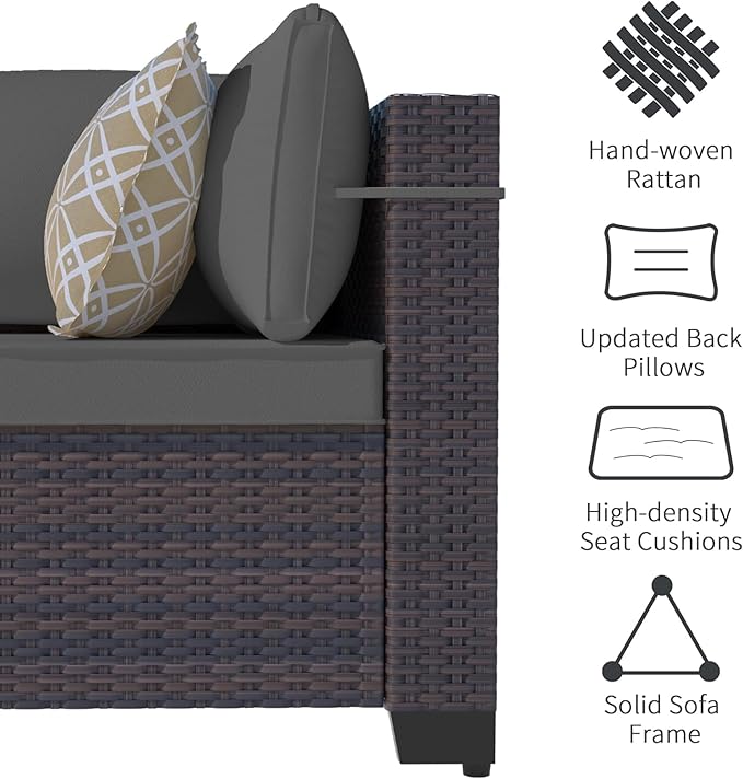 Outdoor Patio Furniture Set, 9 Pieces Outdoor Sectional Furniture Patio Set, All-Weather PE Rattan Patio Conversation Set with Tempered Glass Top Table & Cushions-Grey