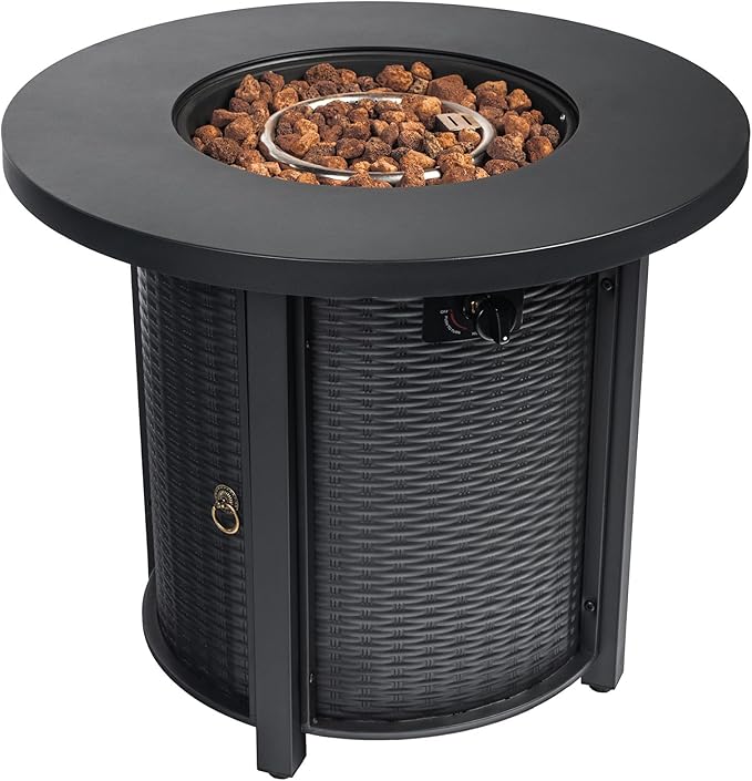 30" Propane Gas Fire Pit Table, 50000 BTU Round Steel Fire Pit Steel Lid & Lava Rock for Outside Patio Deck Garden Courtyard-Black