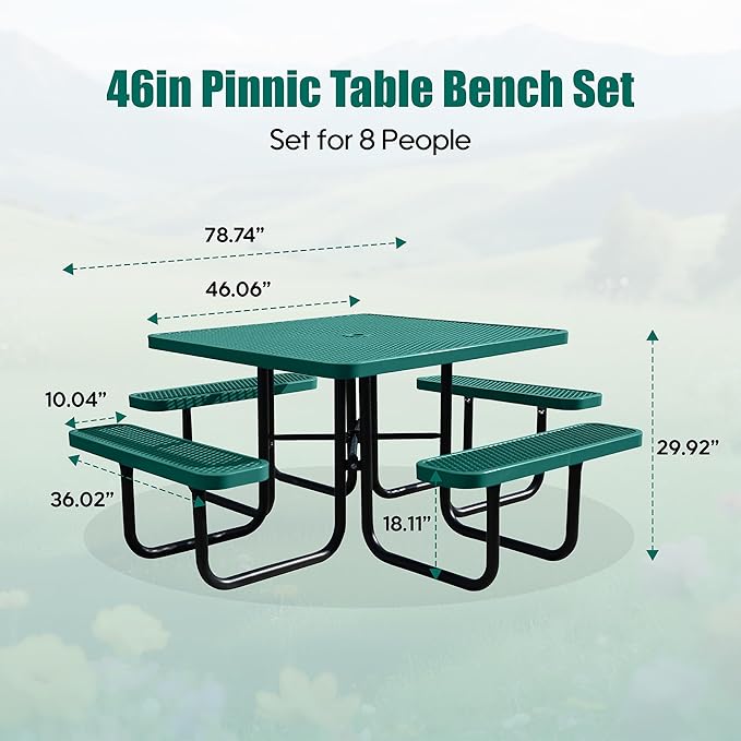 Sunnibety 8-Person Picnic Tables for Outdoors, Industrial 46" Expanded Metal Square Picnic Table with 4 Benches & Umbrella Hole, Outside Table and Bench Set for Garden, Backyard, Porch, Patio, Green