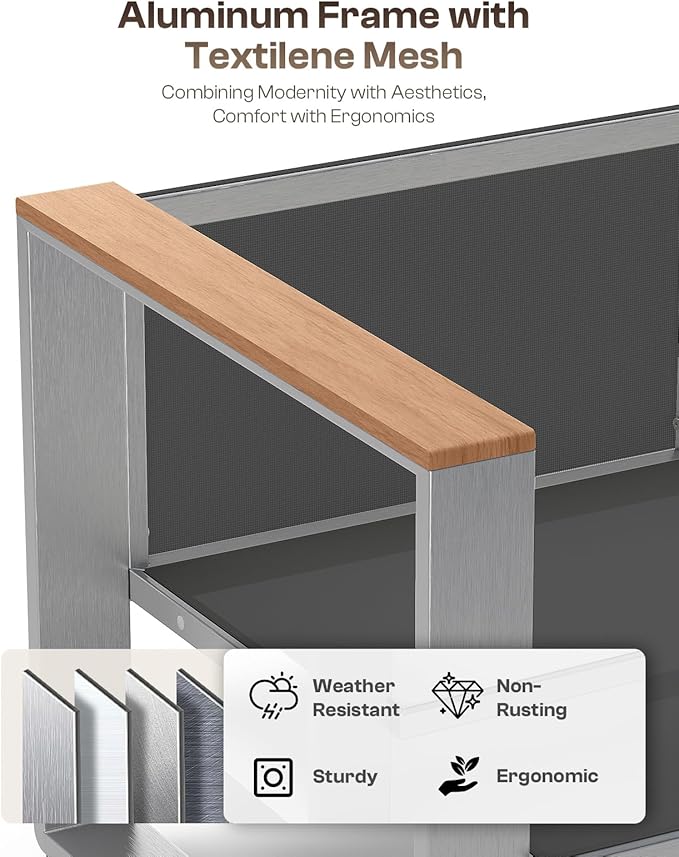 Outdoor Patio Furniture Set, 4 Piece Aluminum Patio Furniture Set with Wide Seat and Thick Cushions, Modern Outdoor Patio Conversation Sets for Deck, Porch (Teak-Charcoal)