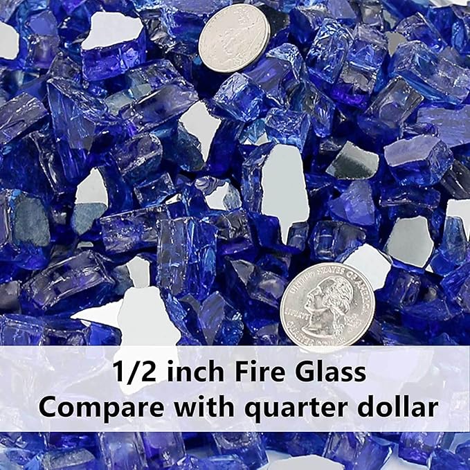 Grisun Blue Fire Glass for Fire Pit - 1/2 Inch High Luster Reflective Tempered Glass Rocks for Natural or Propane Fireplace, Safe for Outdoors and Indoors Firepit Glass, 10 Pounds