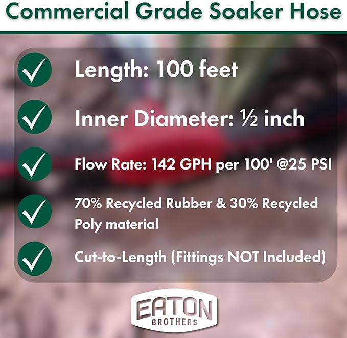 Eaton Brothers Bulk Soaker Hose 1/2-Inch Diameter x 100 ft – Recycled Rubber Garden Hose with No Ends – Durable and Efficient Soaker Hose for Lawns, Plants, Raised Beds, and Landscaping