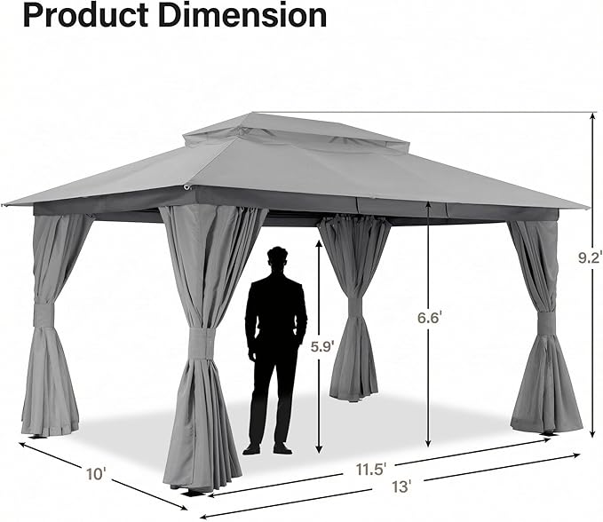 LAUSAINT HOME Outdoor Patio Gazebo 10'x13' with Expansion Bolts, Heavy Duty Party Tent & Shelter with Double Roofs, Mosquito Nettings and Privacy Screens for Backyard (Grey)