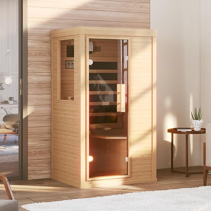 Far Infrared Sauna Home 1 Person, Canadian Hemlock Wooden Indoor Dry Sauna Spa Room for Indoor Low EMF 850W 120V with Bluetooth Speakers and Control Panel, Half Glass
