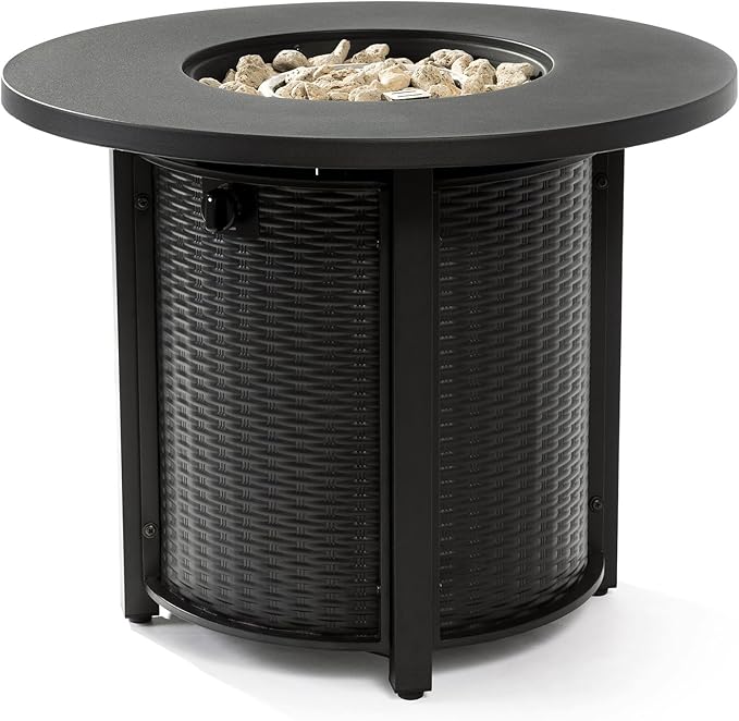 32" Propane Gas Fire Pit Table, 50000 BTU Round Steel Fire Pit Steel Lid & Lava Rock for Outside Patio Deck Garden Courtyard-Black