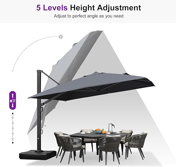 PURPLE LEAF 11 FT Square Patio Umbrella with Base Included Large Outdoor Offset Umbrella with 360-degree Rotation Cantilever Umbrella for Garden Deck Backyard Pool Grey