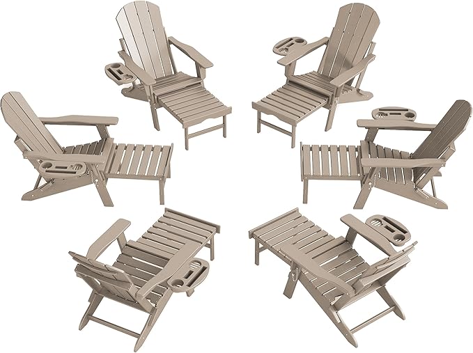 Adjustable Adirondack Chair with Retractable Ottoman Set of 6, HDPE Folding Adirondack Chair with Cup Holder, All Weather Fire Pit Chair for Outdoor.