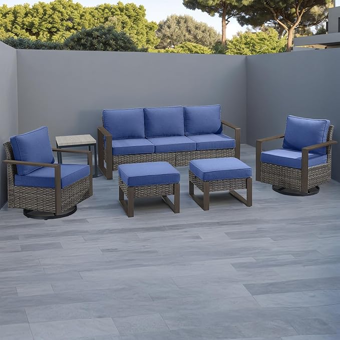Rilyson Outdoor Wicker Patio Furniture Set - 6 Piece Patio Conversation Set with 2 Wicker Swivel Rocker Chairs,2 Rattan Ottoman,1 Side Table and 1 Couch,Thick Cushions,Deep Seating(Mixed Grey/Blue)