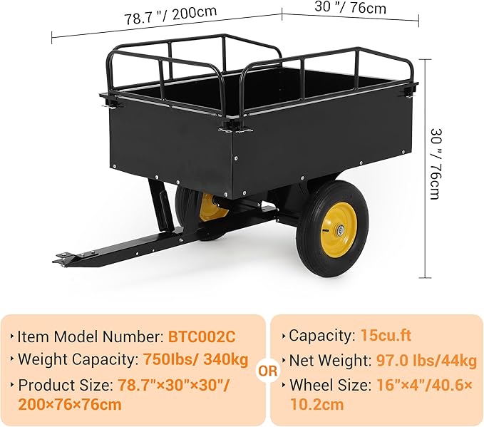 750LB Dump Cart, Heavy Duty Steel Garden Utility Trailer with Manual Dump,Pull Behind Trailer for Lawn Mower, Tractor, ATV for Yard & Farm