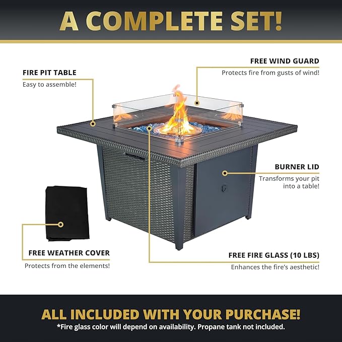 Mazatzal 4 Piece Outdoor Patio Furniture Set with 42 Inch Grey Propane Fire Pit, Wicker Rattan Outdoor Loveseat and Stationary Chairs, Aluminum Frame, Includes Fire Glass & Wind Guard