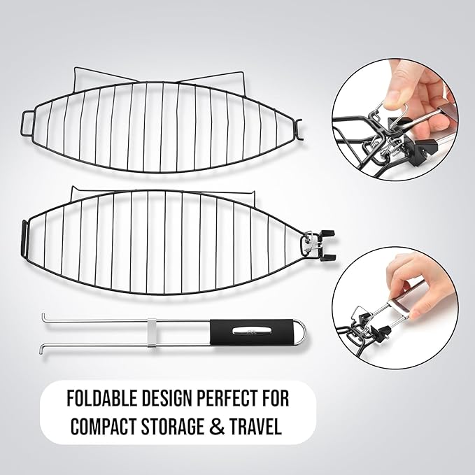 Fish Grilling Basket for Grill - Stainless Steel Basket, Non-Stick Fish Rack for Grilling with Adjustable Lock Removable Handle, Ideal for BBQ, Camping, Charcoal and Gas Grills