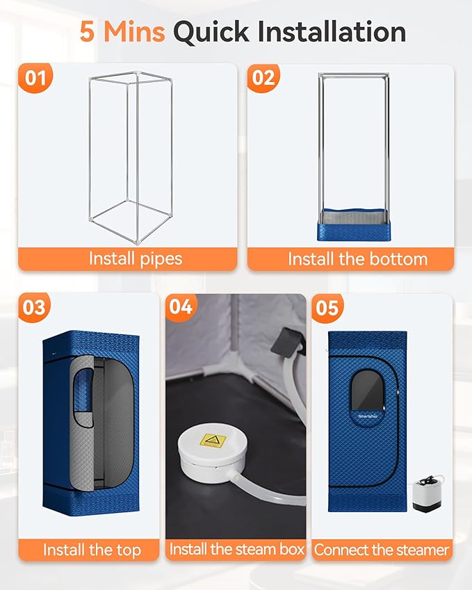 Sauna Box, Upgraded Portable Sauna for Home 5Layer Waterproof,3L 1200W Steamer,9 Levels,Dual YKK Zippers,Big Folding Chair,99 Mins Timer,Remote Control,Steam Sauna Room Personal Saunas Tent,Dark Blue