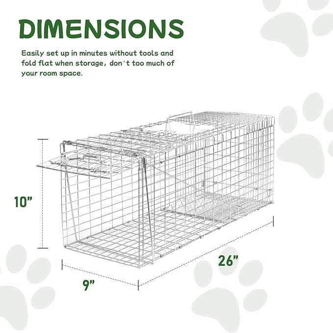 Animal Trap 26"x10"x9" Cage Trap,Heavy Duty Folding Raccoon Traps Live Animal Cage Trap,Humane Catch and Release Stray Cats,Squirrels,Rabbits