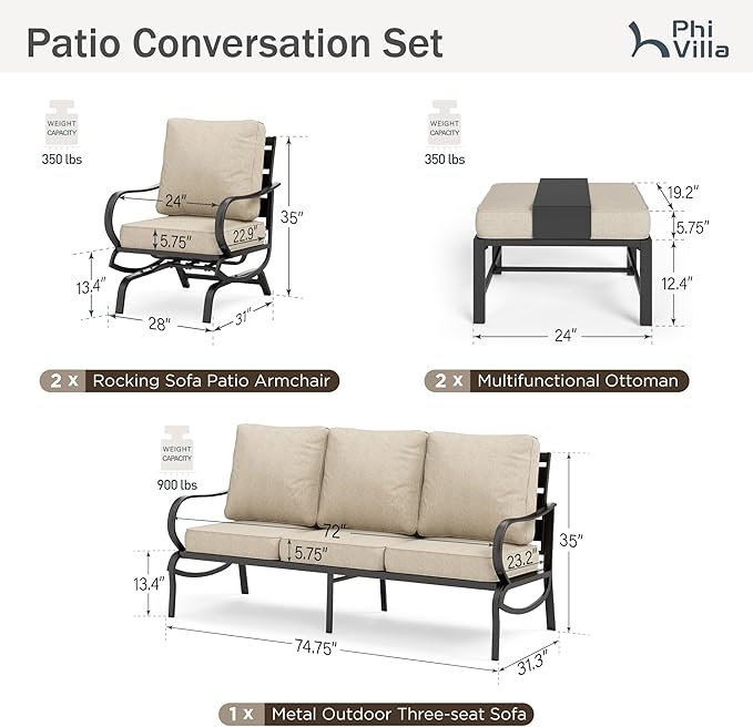 PHI VILLA 5 Pcs Patio Furniture Set with 1 x 72 Padded Deep Seating Bench Sofa, 2 x Cushioned C-Base Sofa Chairs and 2 x Metal Cushioned Ottoman, Outdoor Deluxe Furniture Patio Set for Backyard