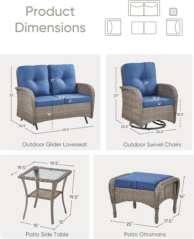 HUMMUH 6 Pieces Patio Furniture Set-Patio Glider Loveseat with Rattan Outdoor Swivel Chairs Outdoor Conversation Furniture Sets for Deck Lawn Porch Balcony Poolside-Grey/Blue