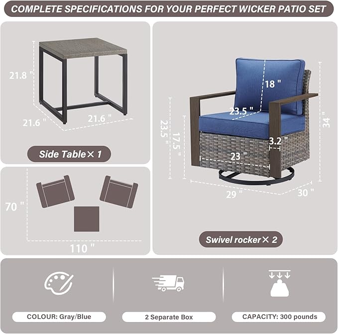 Belord Outdoor Swivel Rocker Chairs Set of 2 with Metal Wide Armrests, 3 Piece Patio Bistro Wicker Chairs with Side Table, Comfort Glider Furniture for Porch, Deck, Sunroom, Backyard