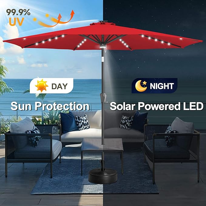 FLAME&SHADE 10 ft Solar Powered Outdoor Market Patio Table Umbrella with LED Lights and Tilt, Red