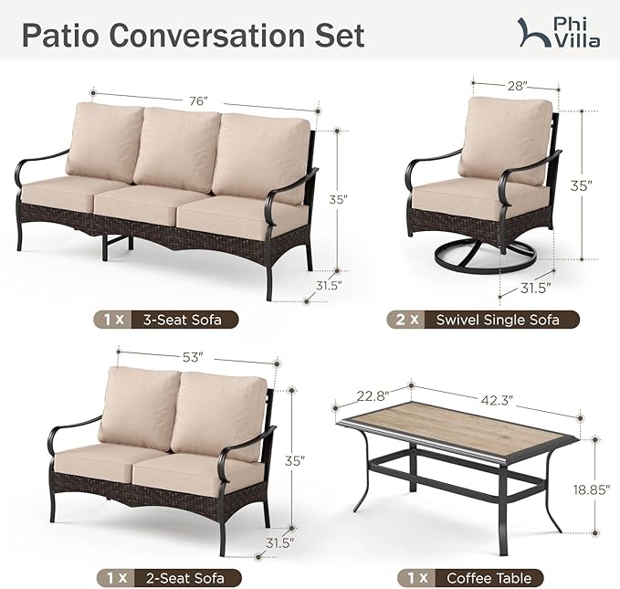 PHI VILLA Patio Furniture Set with 56" Fire Pit Table, Premium Outdoor Wicker Metal Frame Furniture with Upgraded Waterproof Thick Cushions for Porch, Poolside, Deck, and Yard（5 Pieces, Beige