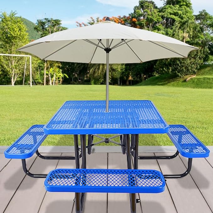 KUFUH 46" Square Metal Picnic Table for 4-8 Person, Durable Heavy Duty Commercial Picnic Table with Umbrella Hole for Outdoor Coffee Shop, School, Hospital, Easy to Install, Blue