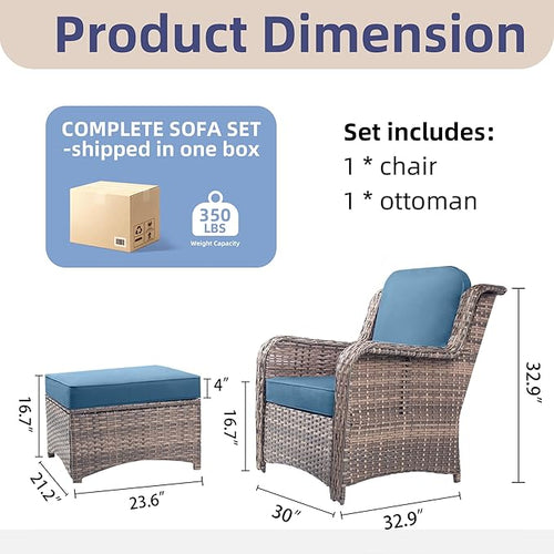 2 Pcs High Back Wicker Patio Chair Set with Ottoman, Outdoor Porch Chair with Thick Cushion for Balcony Deck Yard and Porch, Peacock Blue
