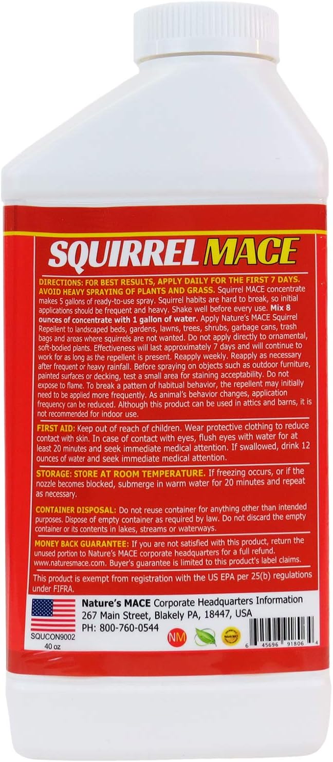 Nature’s MACE Squirrel Mace, Squirrel Repellent Spray, 40 Ounce Concentrate, Squirrel and Chipmunk Repellent, Keep Out of Garden, Attic, Fruit Trees, Plants, Potted Plants, Repel Squirrels