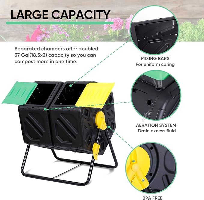 BBBuy Compost Bin Tumbling Composter Rotating w/ 2 Sliding Doors Compost Bin, Dual Chamber All Season Heavy Duty Outdoor Gardening Composting Tumblers Garden Yard (37 Gallon, Black)