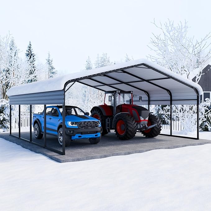 EBE 20' x 20' Metal Carport, Outdoor Heavy Duty Carports with Updated Galvanized Roof and Enhanced Base, Canopy Carport Garage Shade for Car, Truck, Boat