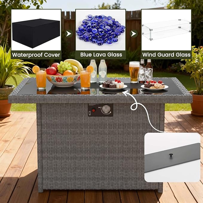 Propane Fire Pit Table, 44" Outdoor Gas Fire Pit with Glass Wind Guard & Waterproof Cover