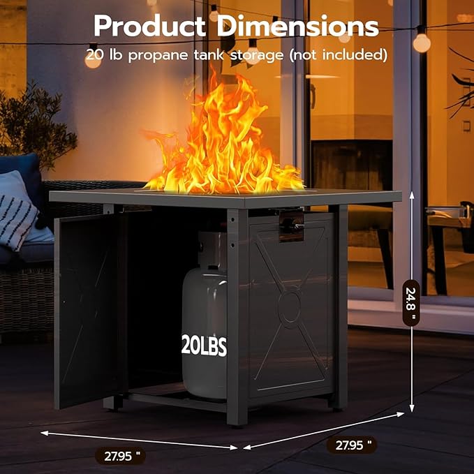 ZAFRO 28 Inch Propane Fire Pit Table for Outside,50,000 BTU Gas Fire Pit Table with Removable Lid,Rain Cover, Rectangle Gas Firepit Table for Garden/Patio