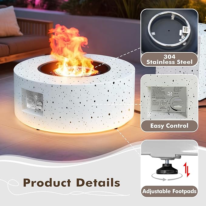 30" Round Propane Fire Pit Table - 50K BTU with Lid, Rocks Tank Storage and Cover - Round Gas Fire Pits for Outside Patio - Outdoor Table with Firepit (White/Golden Light, 30" Round)