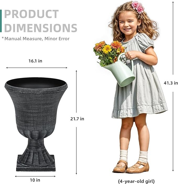 22" Urn Planters Outdoor Planter for Plants Set of 2 Timeless Plastic Large Flower Pot with Drainage Hole Handmade Washed Black Finish Garden Pots for Porch, Patio Christmas Decor