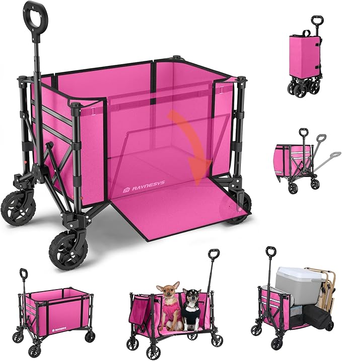 3 in 1 Collapsible Wagon Converts to Bench, 220lbs Foldable Wagon Cart with Wheels, 120L Shopping Cart for Groceries Folding Utility Wagon for Beach, Garden, Camping, Sport, Wheelbarrows, Pink