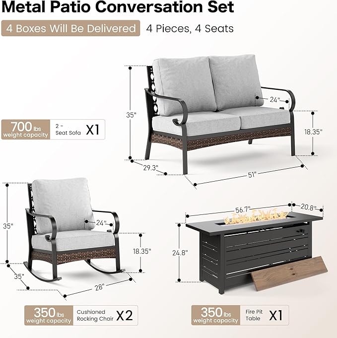 SUNSHINE VALLEY 4 Piece Metal Outdoor Patio Furniture Sets with Firepit Table, Patio Conversation Sets 1 2-Seater Sofa, 2 Rocking Sofa with 5.75" Cushion Black Backyard Furniture for Deck, Light Gray