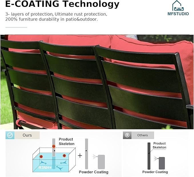 MFSTUDIO 4 Pieces Patio Conversation Sets(5 Seat), Outdoor Metal Furniture Sofa Set with 1 Loveseat(3 Seat), 2 Swivel Chairs, 1 Coffee Table, Steel Frame Patio Set with Burgundy Red Cushion for Patio