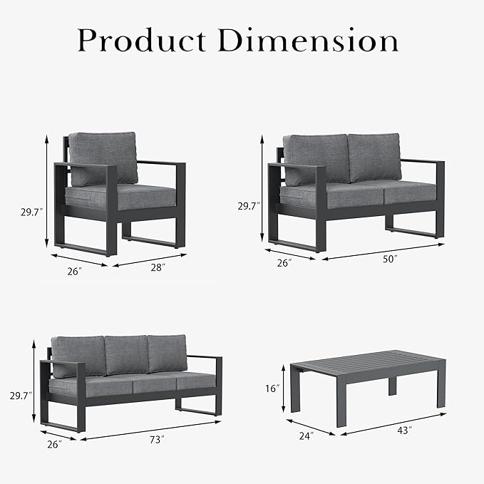 LayinSun 5 Pieces Aluminum Outdoor Patio Furniture Set, Metal Modern Conversation Sofa Set with Coffee Table and Washable Thick Cushions for Porch, Backyard, Deck