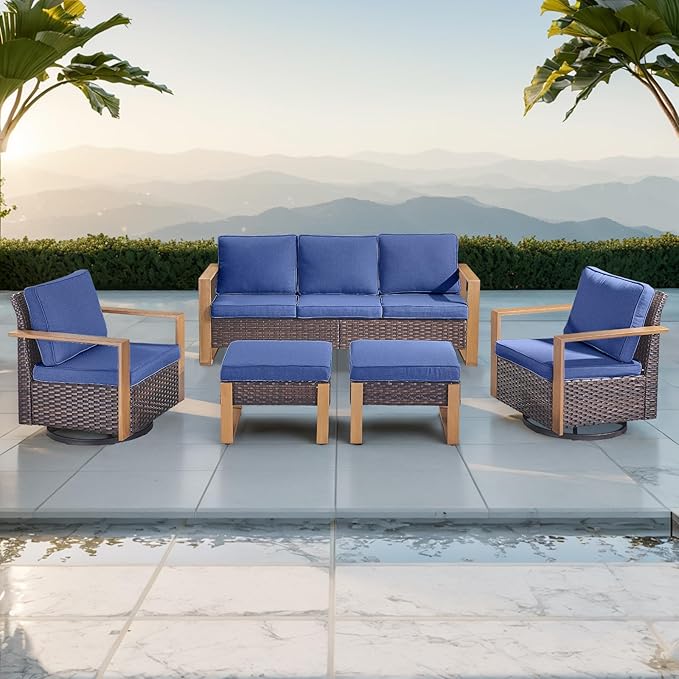 Rilyson Outdoor Wicker Patio Furniture Set - 5 Piece Patio Conversation Set with 2 Wicker Swivel Rocker Chairs,2 Rattan Ottoman and 1 Couch,Thick Cushions,Deep Seating,Wide Armrest(Brown/Blue)