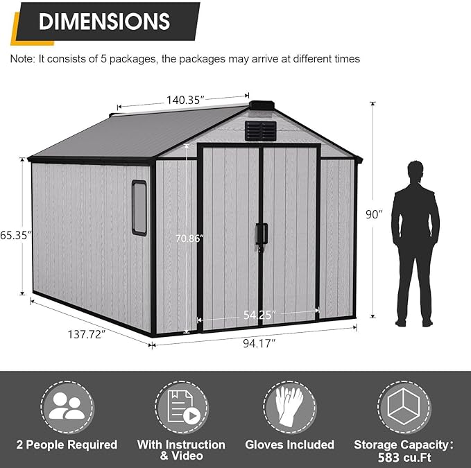 8 x 12 FT Resin Outdoor Storage Shed, All-Weather Plastic Garden Shed with Floor, Lockable Doors & Windows, Plastic Tool Shed for Poolside, Backyard, Patio