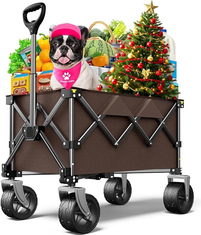 Collapsible Folding Wagon Cart with Large Wheels & 150L Capacity | Heavy-Duty Foldable Utility Wagon for Groceries, Camping, Beach, Sports & Garden Use | Compact Storage, No-Tool Setup-Khaki