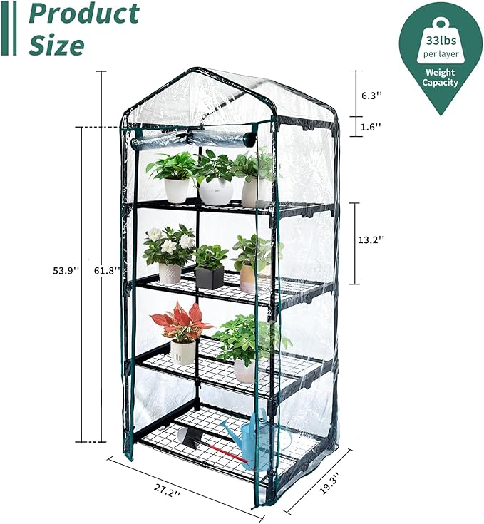 4 Tier mini Indoor Greenhouse Upgraded with Shelf Clips,27"x19"x62" Greenhouse for Indoors&greenhouses for Outdoors with PVC Cover and Roll-Up Zipper Door