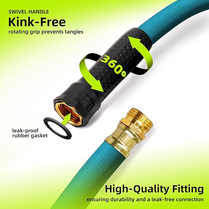 Worth Long Lead-in Green Garden Hose 5/8 in. x 50 ft. -Kink Free, No Leaking, Male/Female Fittings -Heavy Duty Durable Flexible Lightweight Water Pipe -Brass Aluminum Ends for Household & Yard Use