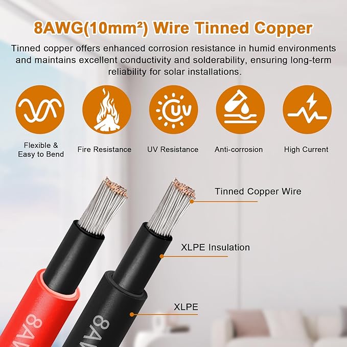 8AWG Solar Cable - 100FT Solar Panel Extension Cord 8 Gauge PV Wire with Flame Retardant Protective Sleeving Female & Male Waterproof Connector for RV, Photovoltaic Systems, Solar Panels (100 Feet)