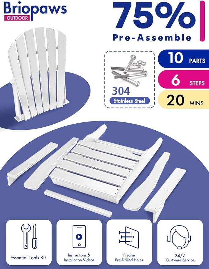 BRIOPAWS Adirondack-Chairs-Set of 6 | Fire Pit Chair | Oversized | HDPE Plastic | Weather Resistant | for Deck Outdoor Poolside Campfire | White