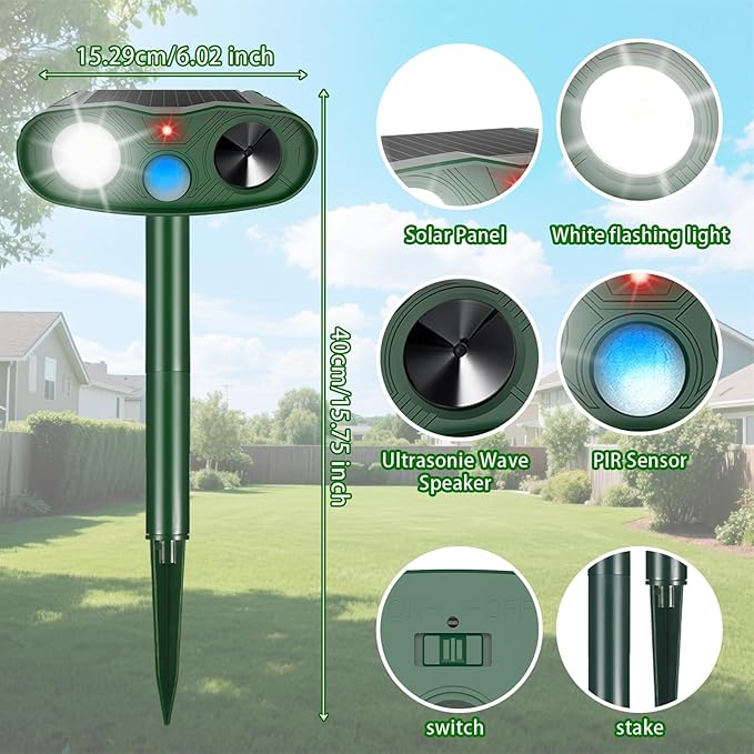 4Pack Ultrasonic Animal Repellent Outdoor Deer Repellent Devices,Solar Cat Squirrel Repeller Motion Detection Rabbit Raccoon Squirrel Dog Repellent Deterrent with LED Flash Lights for Yard