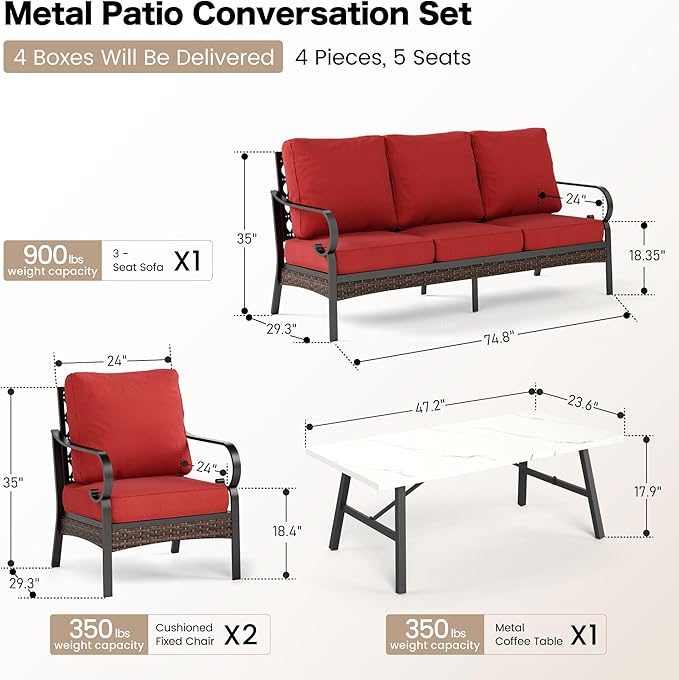 SUNSHINE VALLEY 4 Piece Metal Outdoor Patio Furniture Set, Patio Conversation Sets 1 3-Seater Sofa, 2 Chairs with 5.75" Extra Thick Cushion and Coffee Table, Black Frame Backyard Furniture, Rust Red