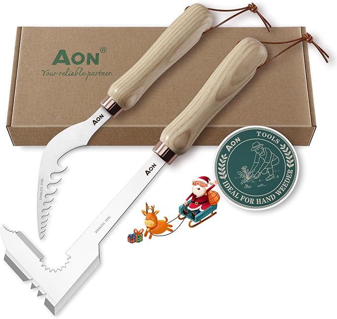 AON 2-Pack Hand Crack Weeder Puller Tool Set - Made with Heat Treated Steel and Ash Wood Ergonomic Handles, Weeding Tools Ideal for Gardens and Patio Lawns to Effectively Pull Out Weeds & Their Roots