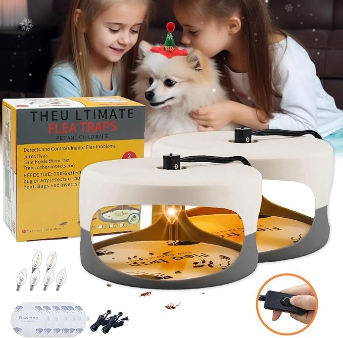Flea Traps for Inside Your Home 2 Packs, Flea Trap Indoor Pest Control Trapper Insect Killer with Light, Sticky Bed Bug Natural with 6 Glue Disc Refills and 6 Lightbulbs