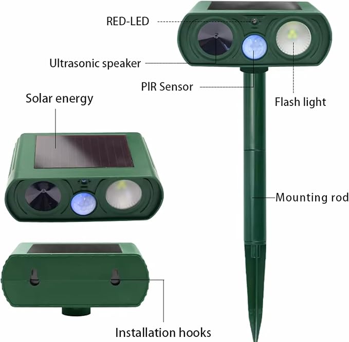 Solar Powered Animal Repellent Motion Sensor for Gardens - Ultrasonic Outdoor Animal Repeller with Adjustable Frequency & Waterproof Design - Deer Repellent Devices Protect Yard from Damage