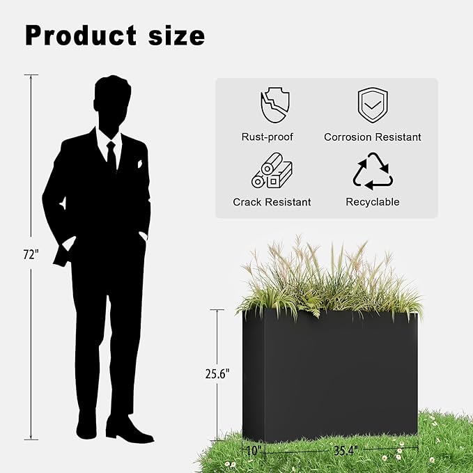 Metal Planters for Outdoors, Large Metal Planter Box 36”L x 10”W x 26”H Tall Rectangle Planter Box with Removable Insert Shelf, Heavy Outdoor Pots for Porch, Garden, Patio, Yard, Deck