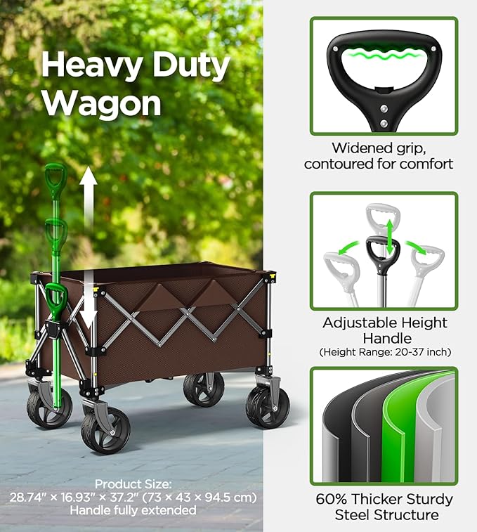 Collapsible Folding Wagon Cart with Large Wheels & 150L Capacity | Heavy-Duty Foldable Utility Wagon for Groceries, Camping, Beach, Sports & Garden Use | Compact Storage, No-Tool Setup-Khaki